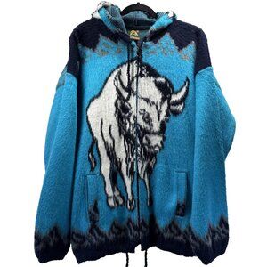 Vtg Bob Marley Tejidos Ruminahui Sweater Jacket XL Wool Blue Black Buffalo Zip